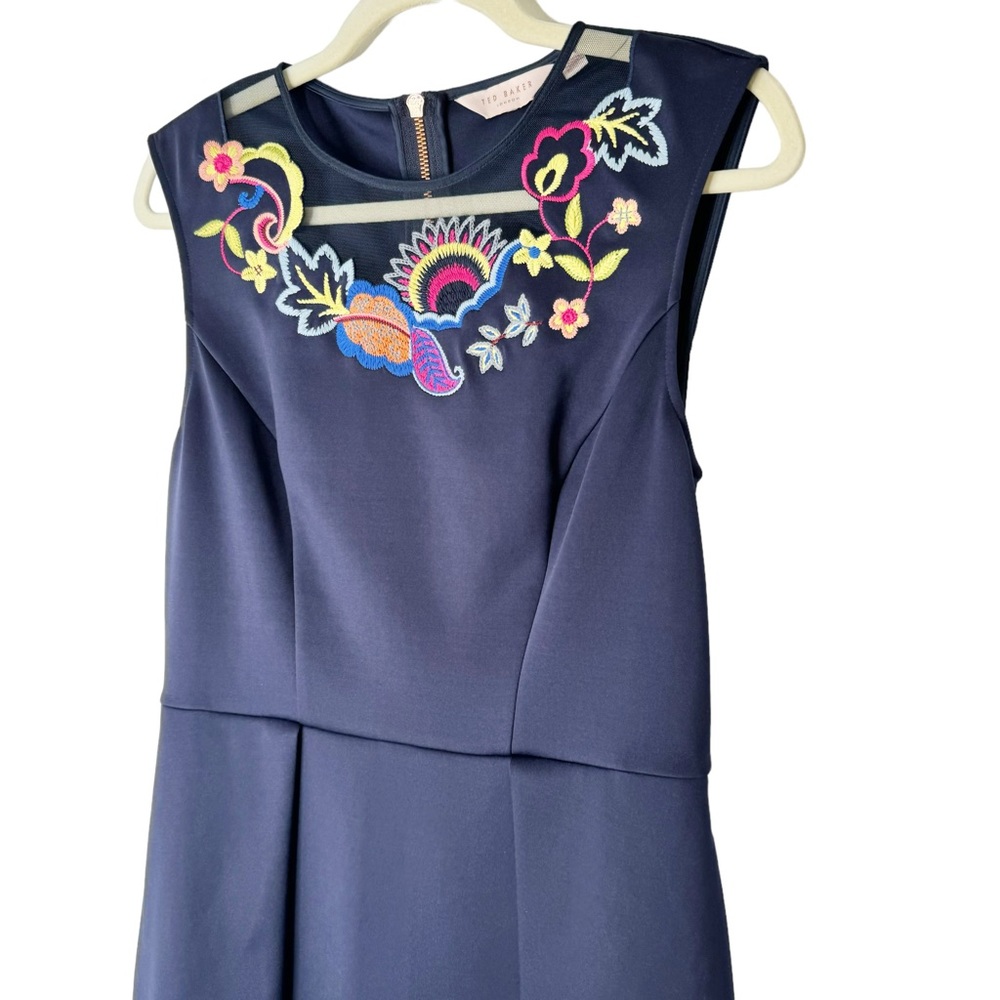 Ted Baker Floral Embroidered Navy Blue Fit Flare Dress Size 6 - Picture 2 of 6